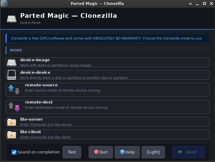 Clonezilla GUI wizard in Parted Magic