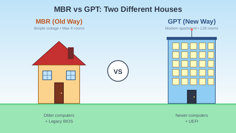 MBR vs GPT comparison showing why a flash drive won't boot with the wrong partition scheme