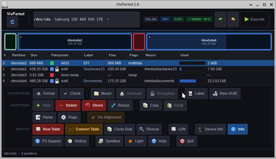 VisParted partition editor in Parted Magic showing disk layout and action bar