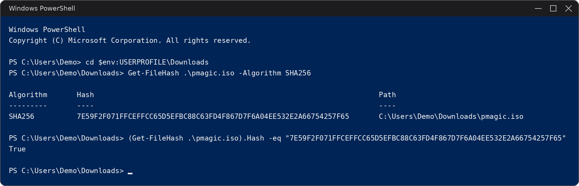 Verifying the ISO checksum with Get-FileHash in Windows PowerShell