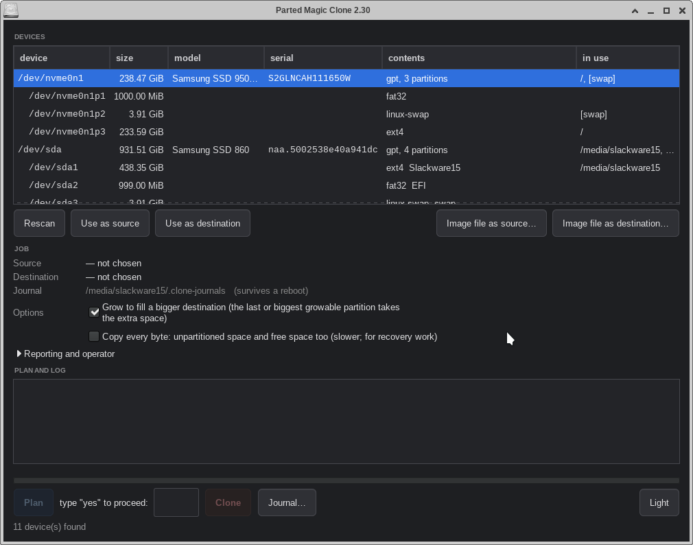 The Parted Magic Clone window: a table of detected drives showing device, size, model, serial, contents and what each one is in use for; buttons to pick a source and a destination, or an image file as either; the job's source, destination and journal location beneath; and the plan and log area above a Plan button that requires the word yes to be typed before Clone becomes available.