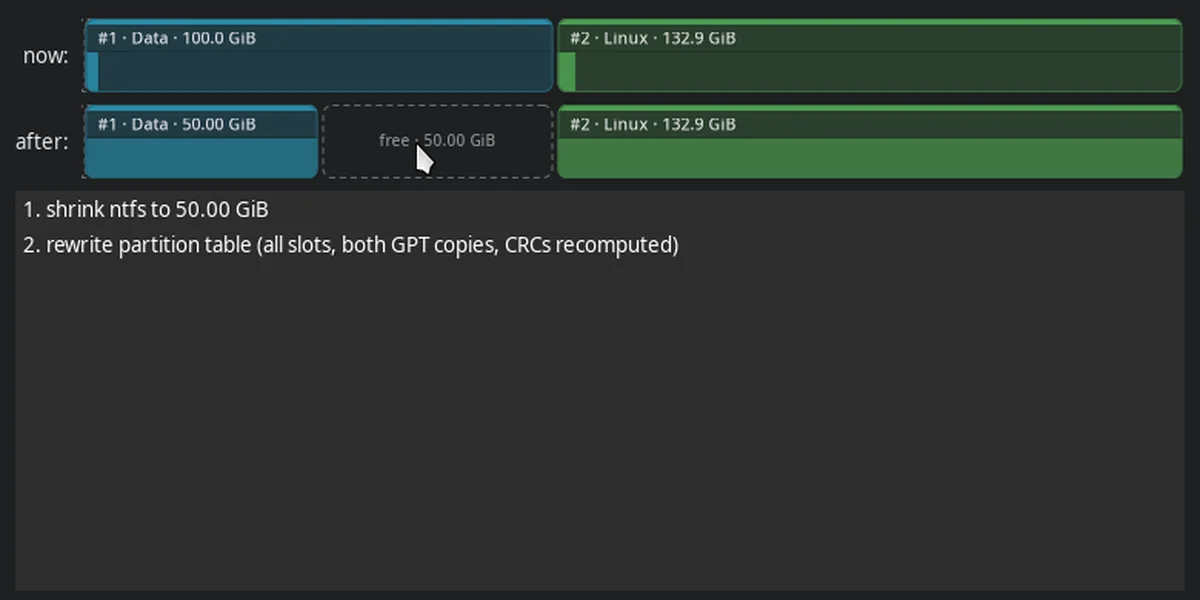 VisParted showing a partition layout now and after a resize