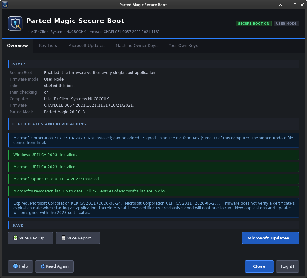 The Parted Magic Secure Boot window on an Intel NUC: Secure Boot on and User Mode in the header, the computer and its firmware under State, and under Certificates and Revocations the three 2023 db certificates installed, Microsoft's revocation list up to date with all 291 entries, the KEK 2023 not installed yet, and a note that two of Microsoft's 2011 certificates expired in June 2026.