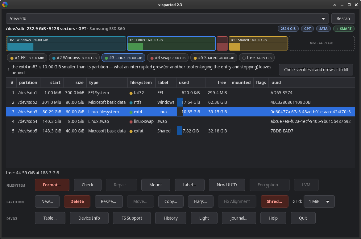 The VisParted window showing a disk's layout bar, findings brief and partition table